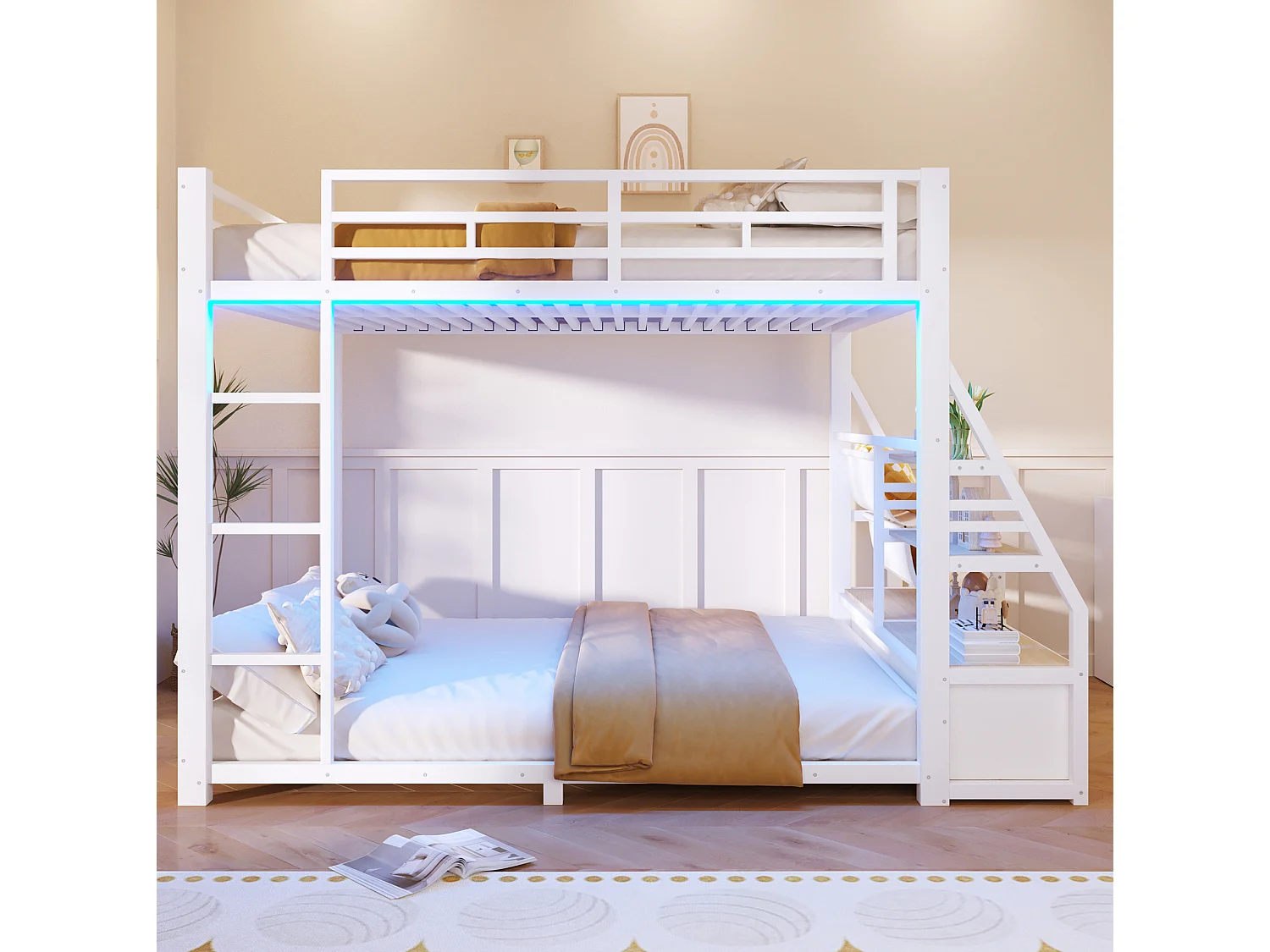Lit superposé 140 x 200 cm avec éclairage LED et 2 tiroirs en tissu - Métal et bois - Blanc