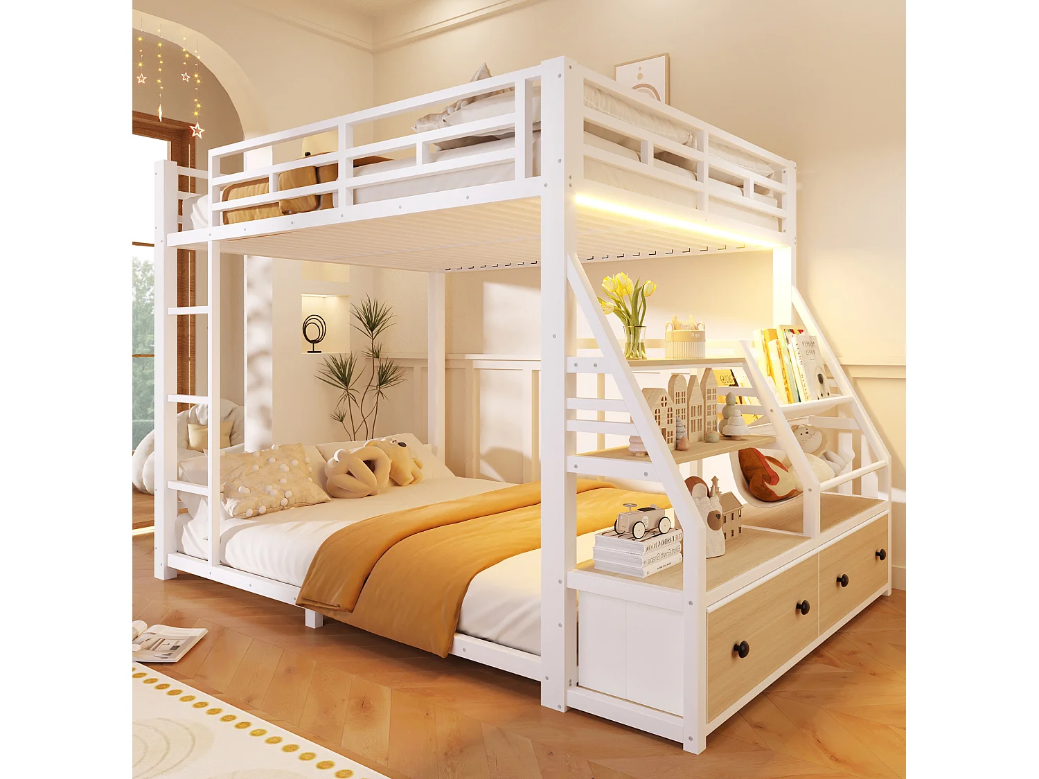 Lit superposé 140 x 200 cm avec éclairage LED et 2 tiroirs en tissu - Métal et bois - Blanc