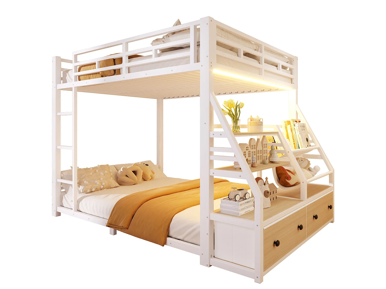 Lit superposé 140 x 200 cm avec éclairage LED et 2 tiroirs en tissu - Métal et bois - Blanc