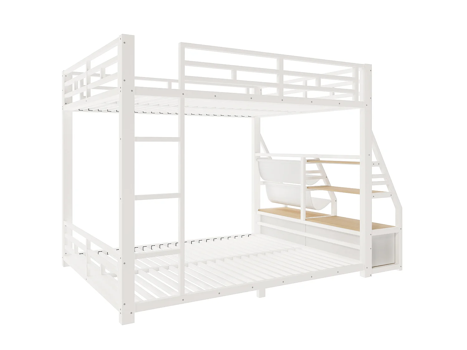 Lit superposé 140 x 200 cm avec éclairage LED et 2 tiroirs en tissu - Métal et bois - Blanc