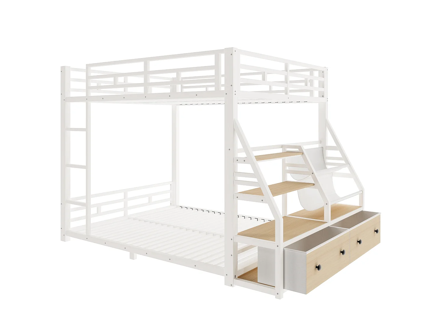 Lit superposé 140 x 200 cm avec éclairage LED et 2 tiroirs en tissu - Métal et bois - Blanc
