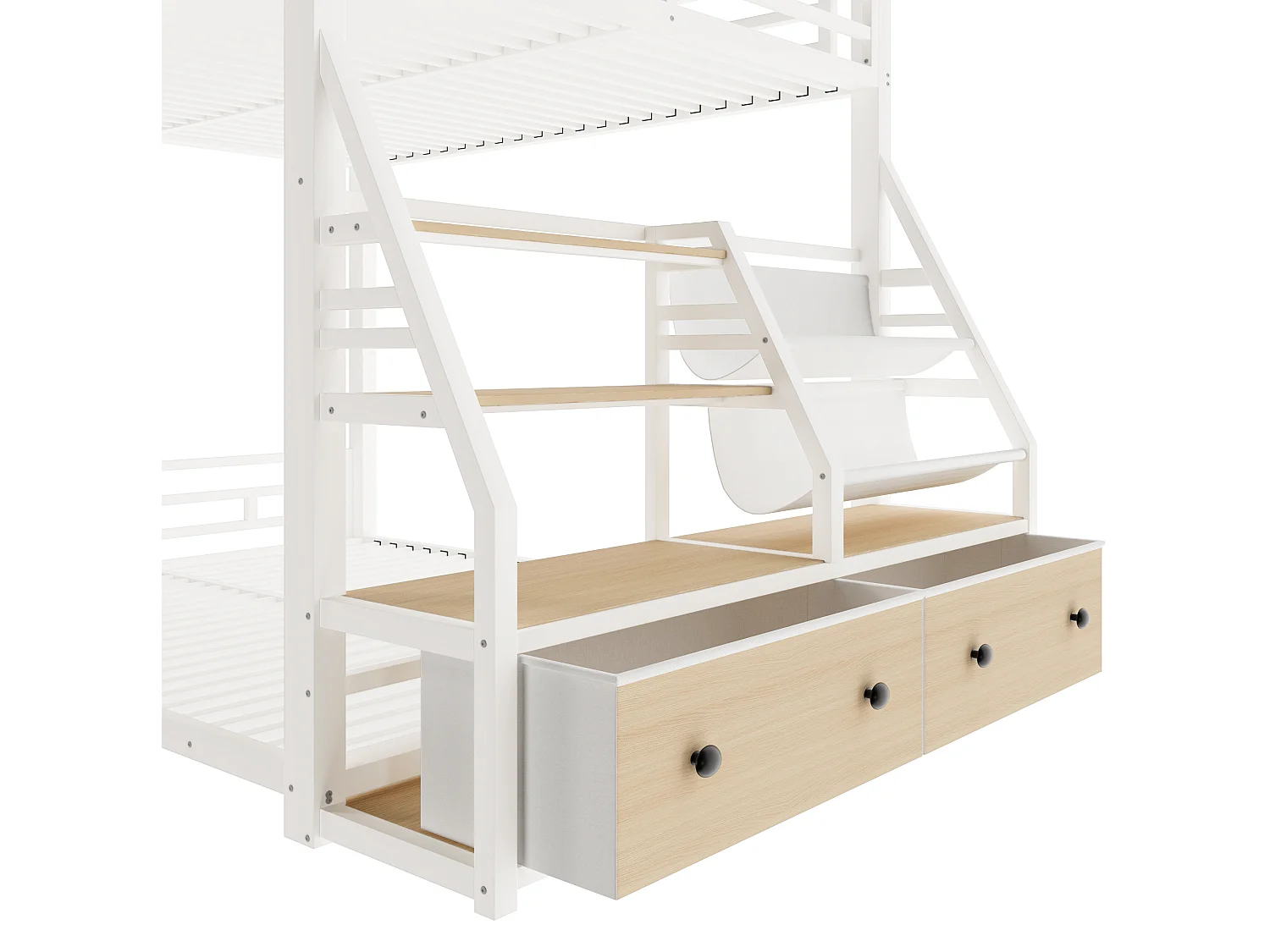 Lit superposé 140 x 200 cm avec éclairage LED et 2 tiroirs en tissu - Métal et bois - Blanc