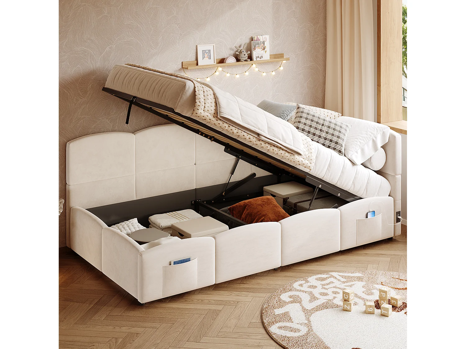 Lit coffre enfant 90x190 cm avec chargeur USB - Lit banquette en velours beige