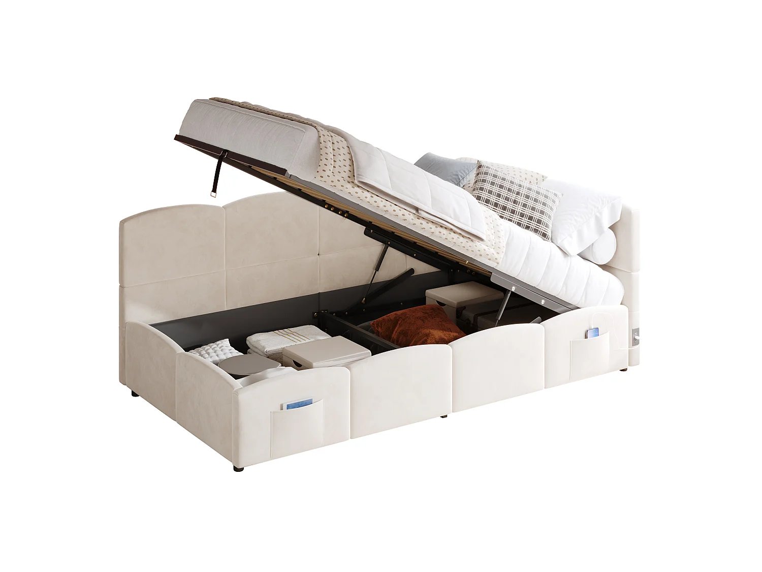 Lit coffre enfant 90x190 cm avec chargeur USB - Lit banquette en velours beige