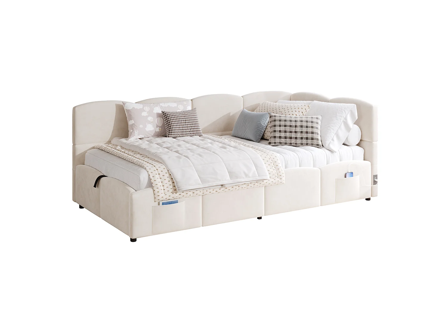 Lit coffre enfant 90x190 cm avec chargeur USB - Lit banquette en velours beige