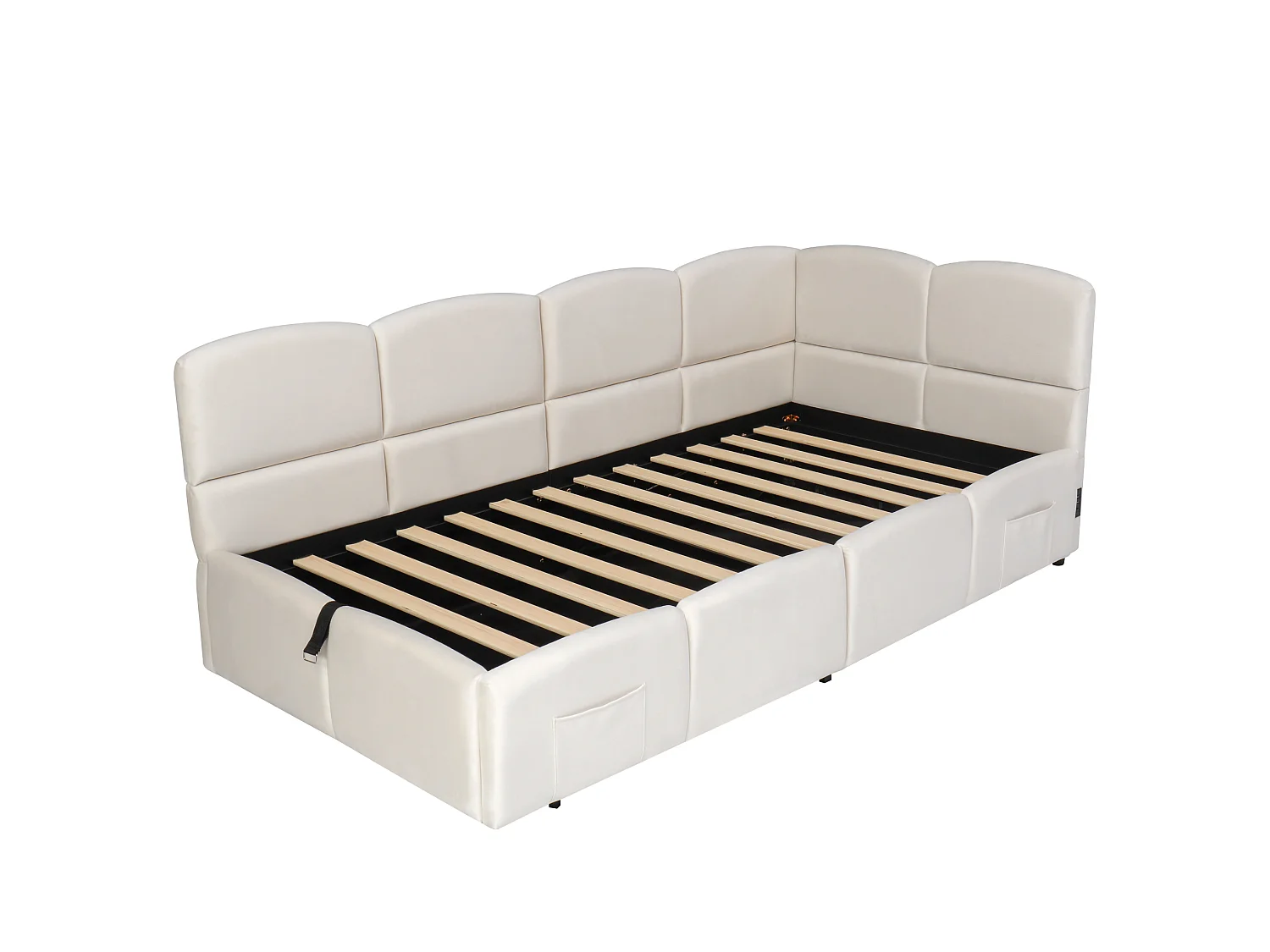 Lit coffre enfant 90x190 cm avec chargeur USB - Lit banquette en velours beige