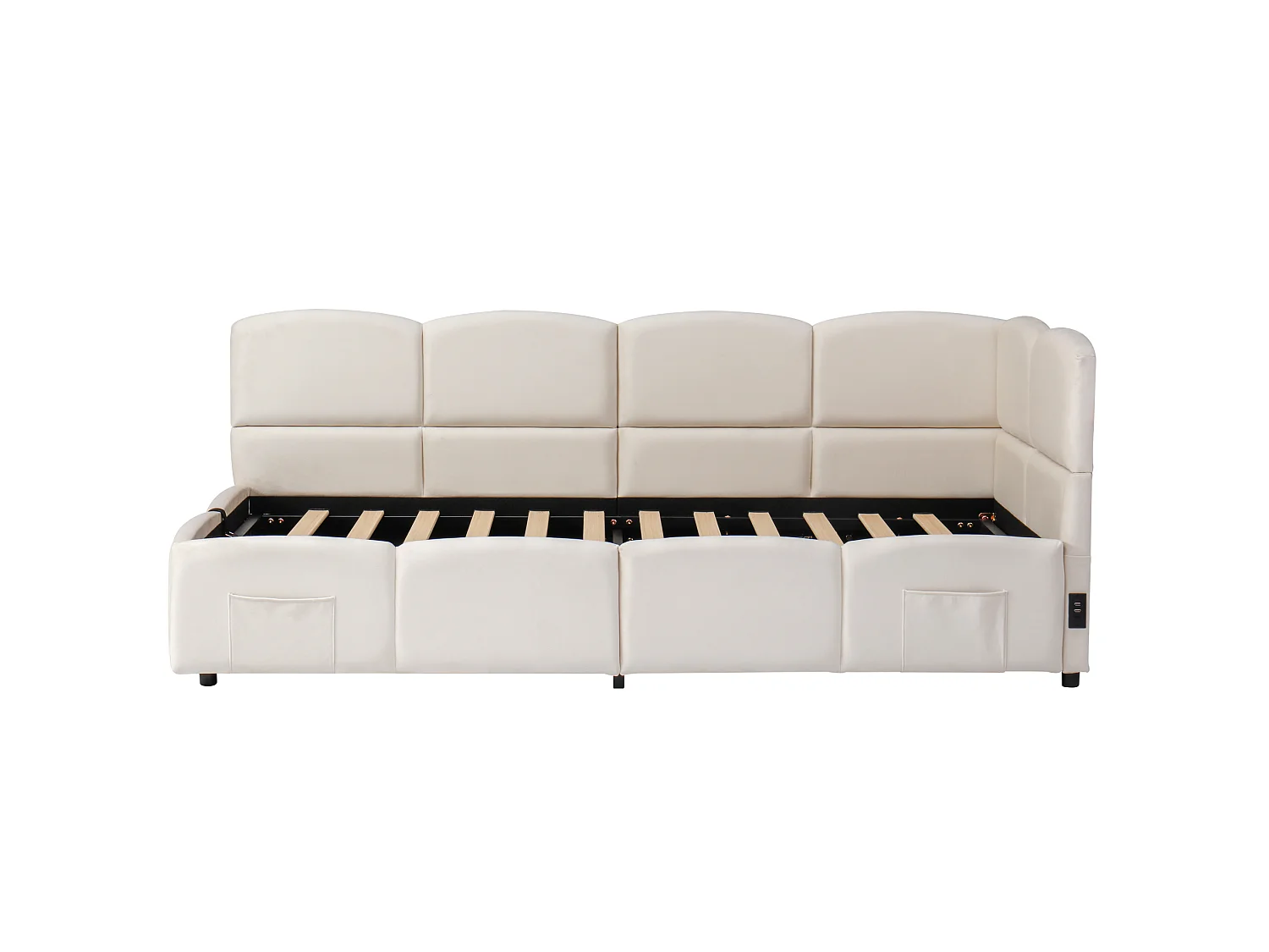 Lit coffre enfant 90x190 cm avec chargeur USB - Lit banquette en velours beige