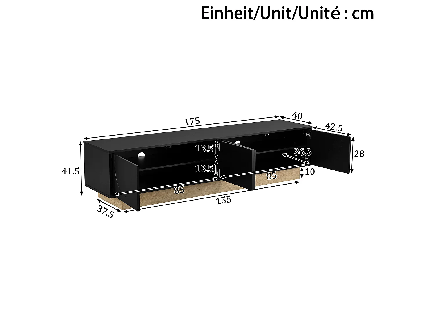 Meuble TV 175 x 40 x 41.5 cm noir avec 4 portes - Ouverture push-to-open