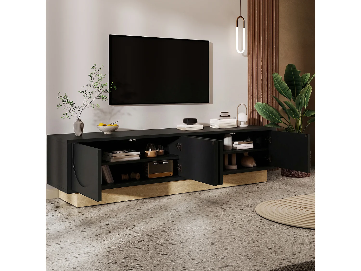 Meuble TV 175 x 40 x 41.5 cm noir avec 4 portes - Ouverture push-to-open