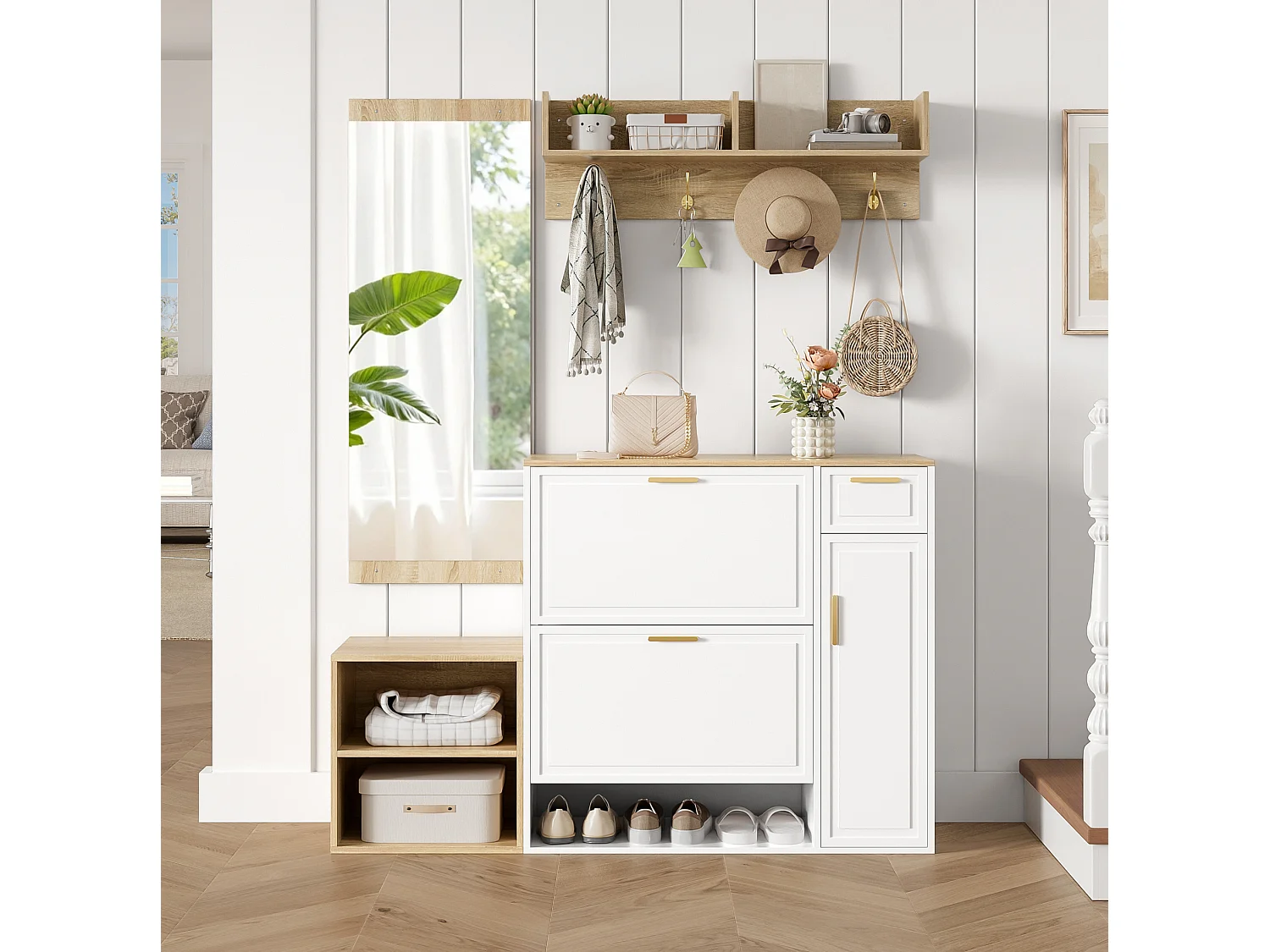 4-delat hallset i vitt och naturfärgat med spegel, låda och 3 dörrar