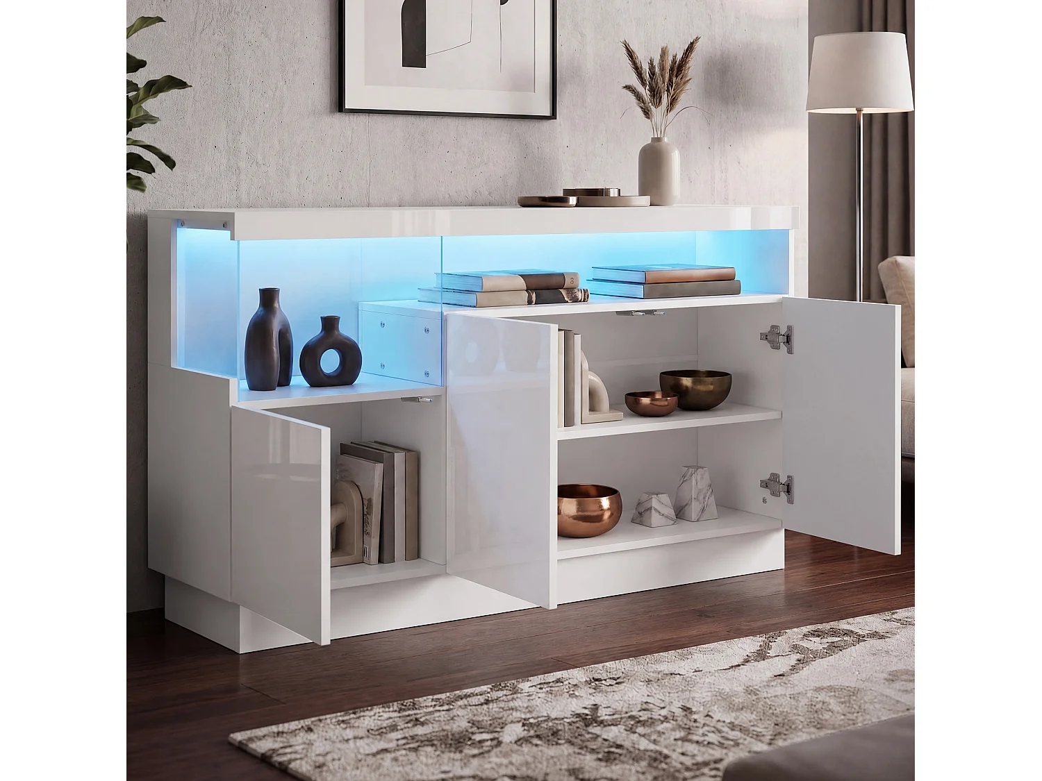 Buffet avec LED et 3 portes - Bois et acrylique - Blanc finition brillant
