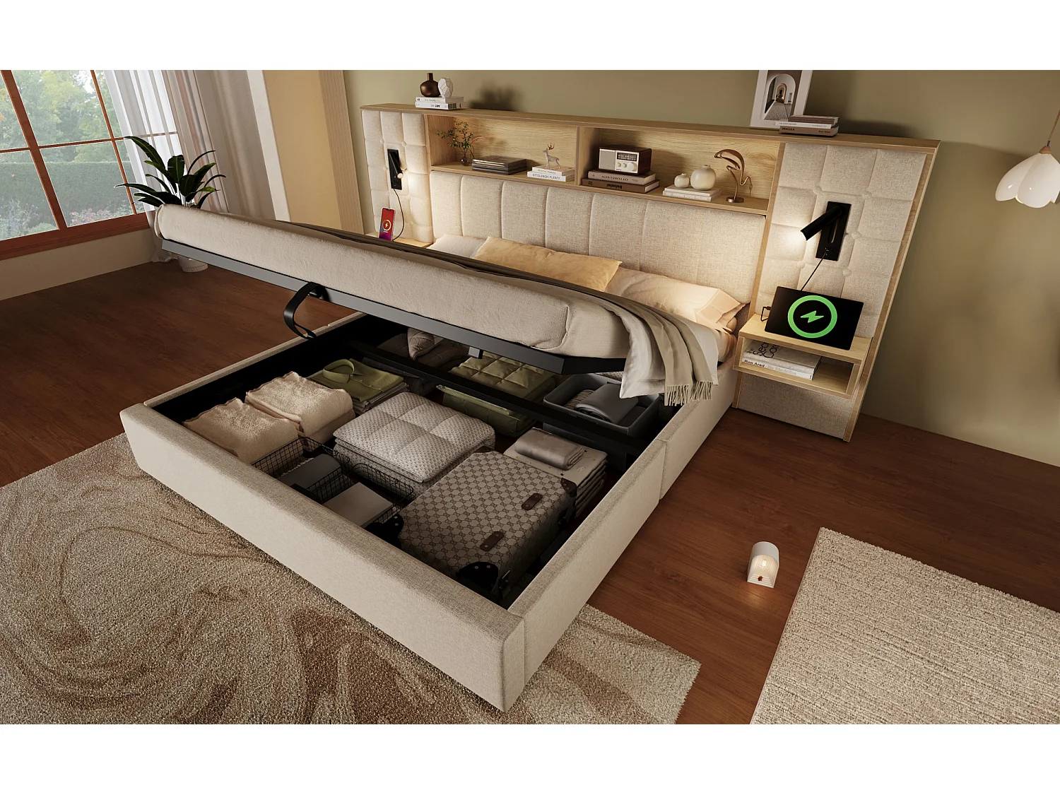 Letto contenitore 160x200 con 2 luci da lettura, 2 comodini e porta di ricarica USB-C – Lino beige