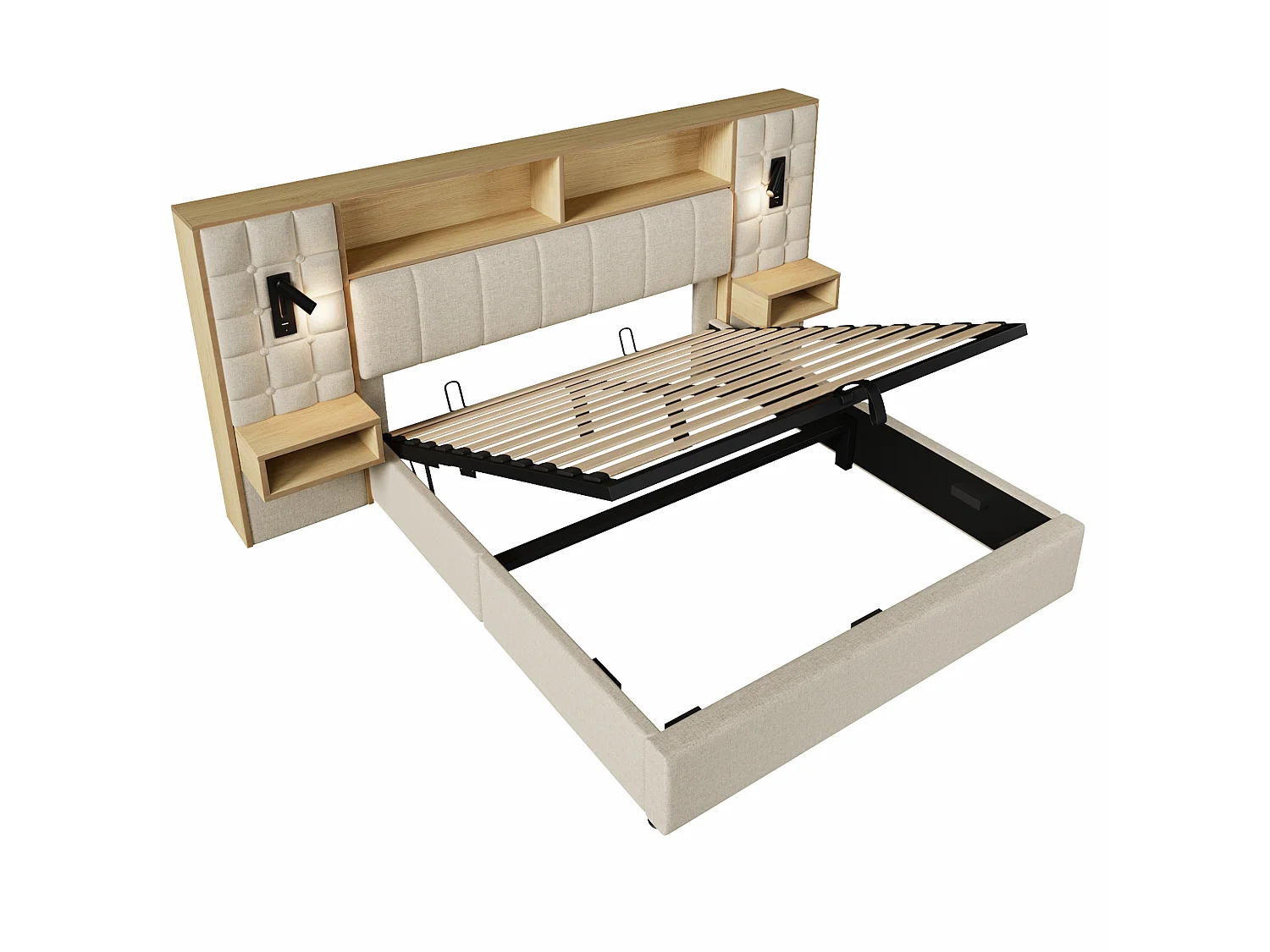 Letto contenitore 160x200 con 2 luci da lettura, 2 comodini e porta di ricarica USB-C – Lino beige