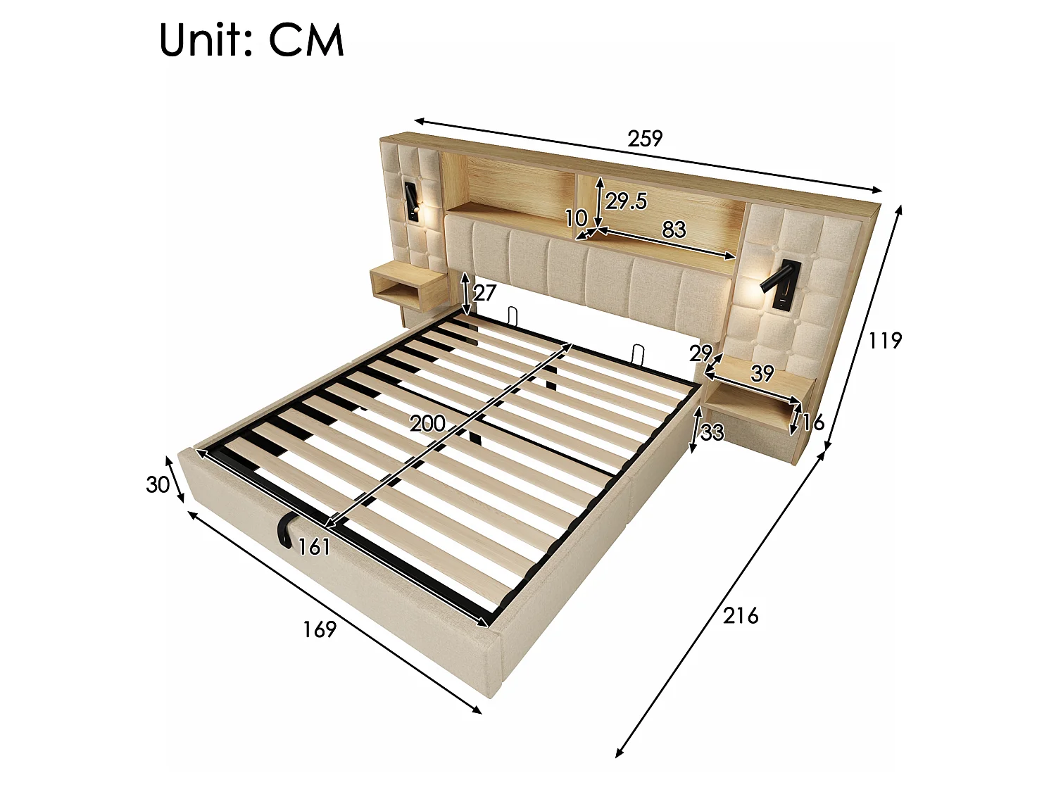 Letto contenitore 160x200 con 2 luci da lettura, 2 comodini e porta di ricarica USB-C – Lino beige