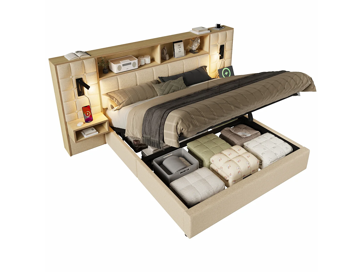 Letto contenitore 160x200 con 2 luci da lettura, 2 comodini e porta di ricarica USB-C – Lino beige