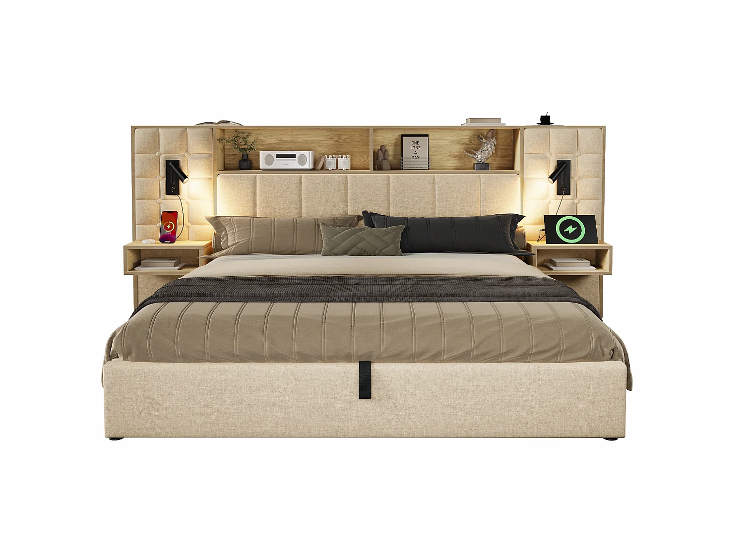 Letto contenitore 160x200 con 2 luci da lettura, 2 comodini e porta di ricarica USB-C – Lino beige