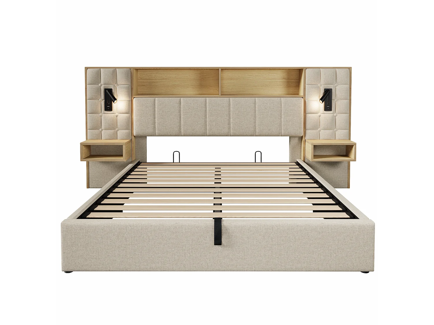 Letto contenitore 160x200 con 2 luci da lettura, 2 comodini e porta di ricarica USB-C – Lino beige