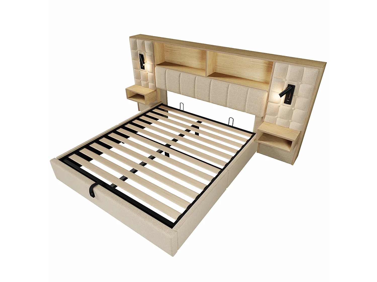 Letto contenitore 160x200 con 2 luci da lettura, 2 comodini e porta di ricarica USB-C – Lino beige