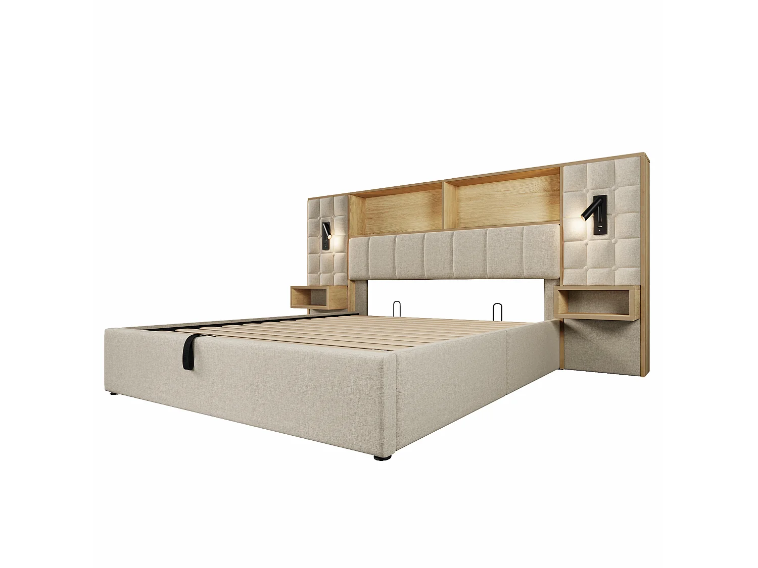 Letto contenitore 160x200 con 2 luci da lettura, 2 comodini e porta di ricarica USB-C – Lino beige