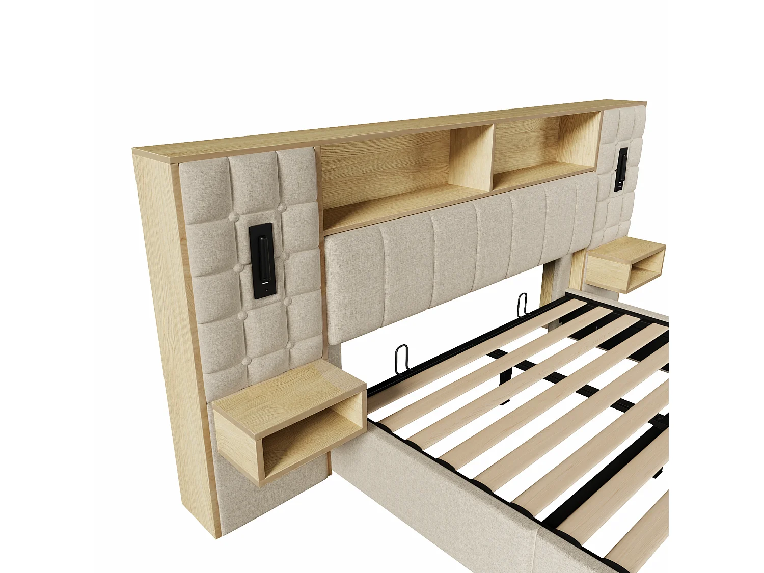 Letto contenitore 160x200 con 2 luci da lettura, 2 comodini e porta di ricarica USB-C – Lino beige