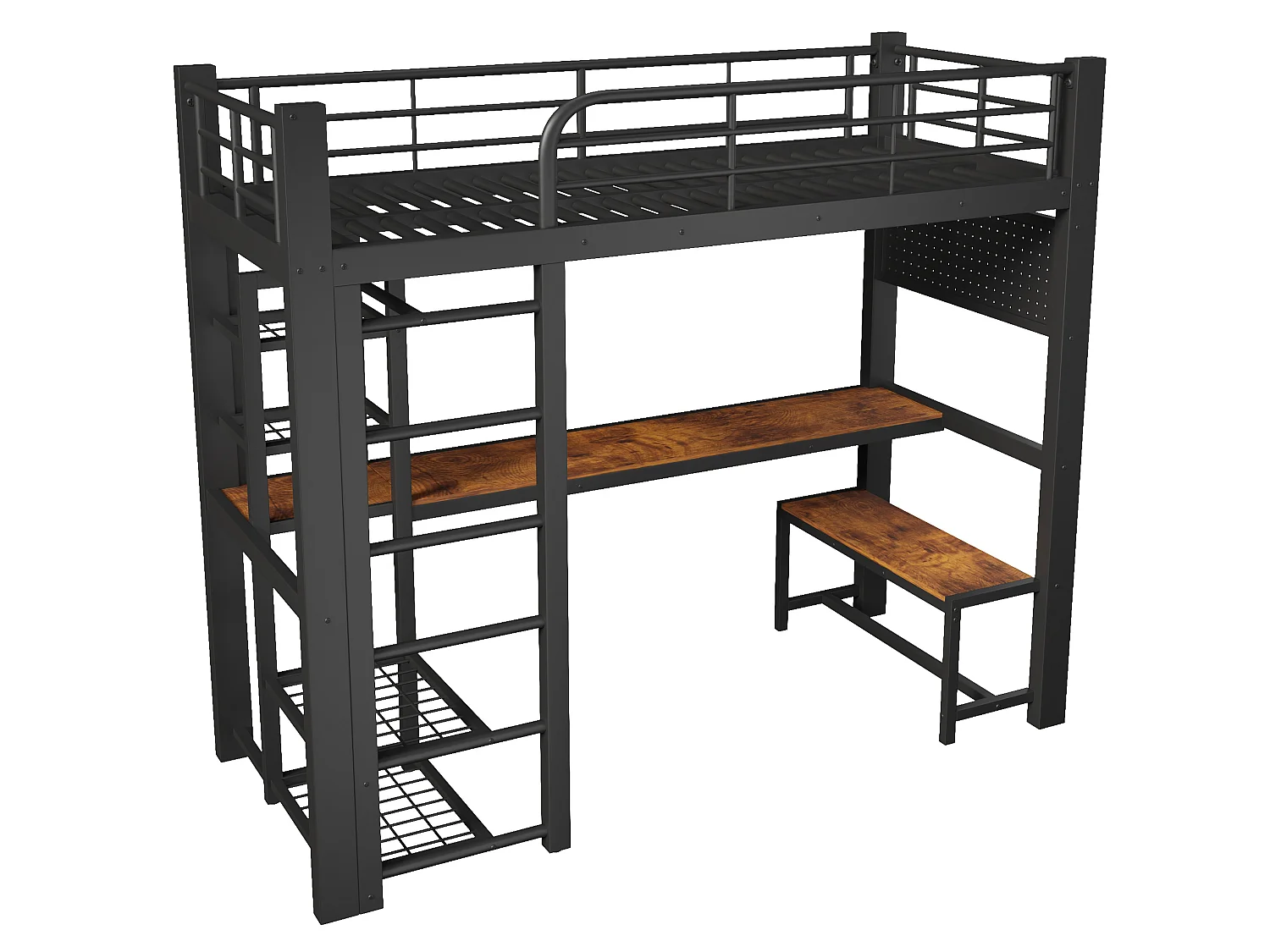Lit mezzanine 90x200 cm en métal avec LED, étagères et bureau - Noir