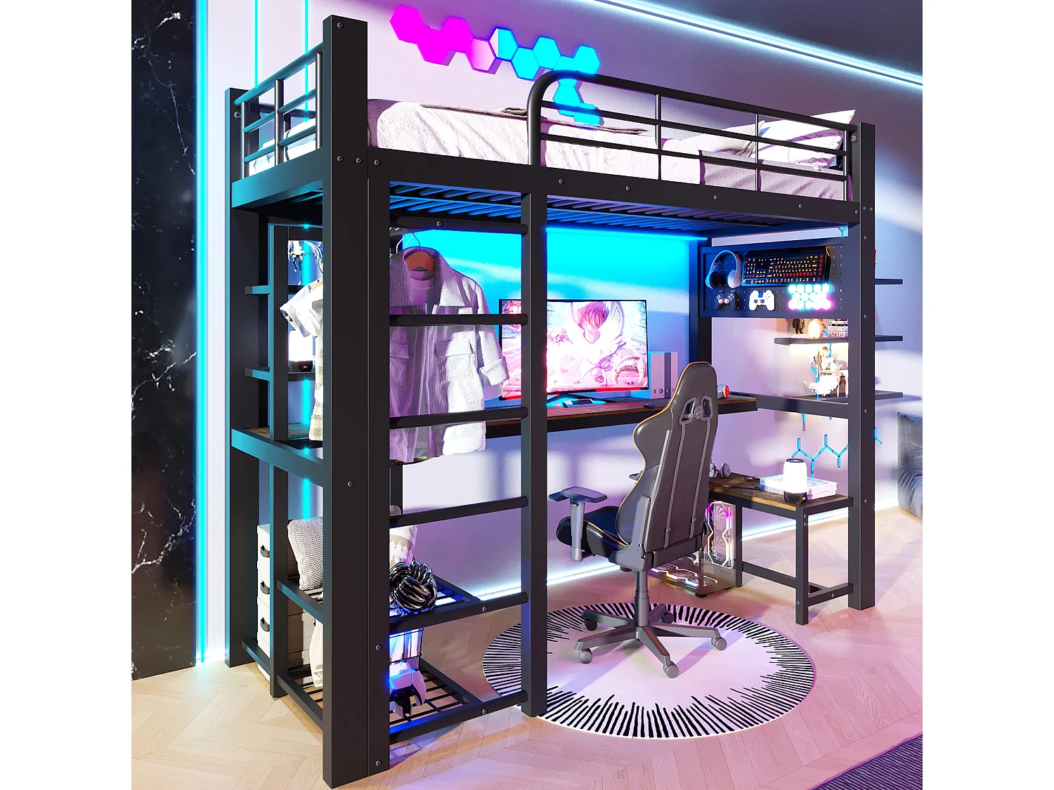 Lit mezzanine 90x200 cm en métal avec LED, étagères et bureau - Noir