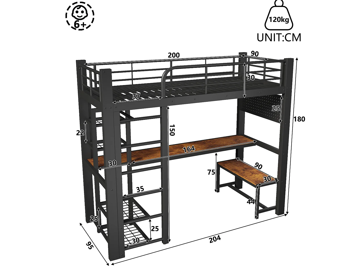 Lit mezzanine 90x200 cm en métal avec LED, étagères et bureau - Noir