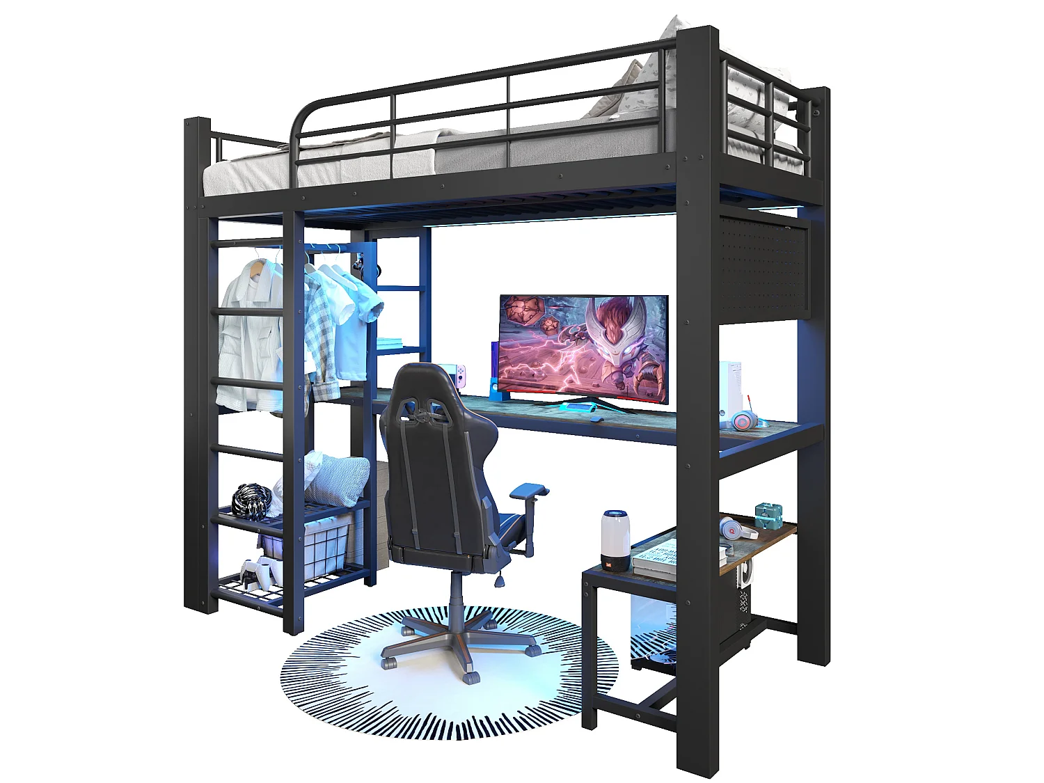 Lit mezzanine 90x200 cm en métal avec LED, étagères et bureau - Noir