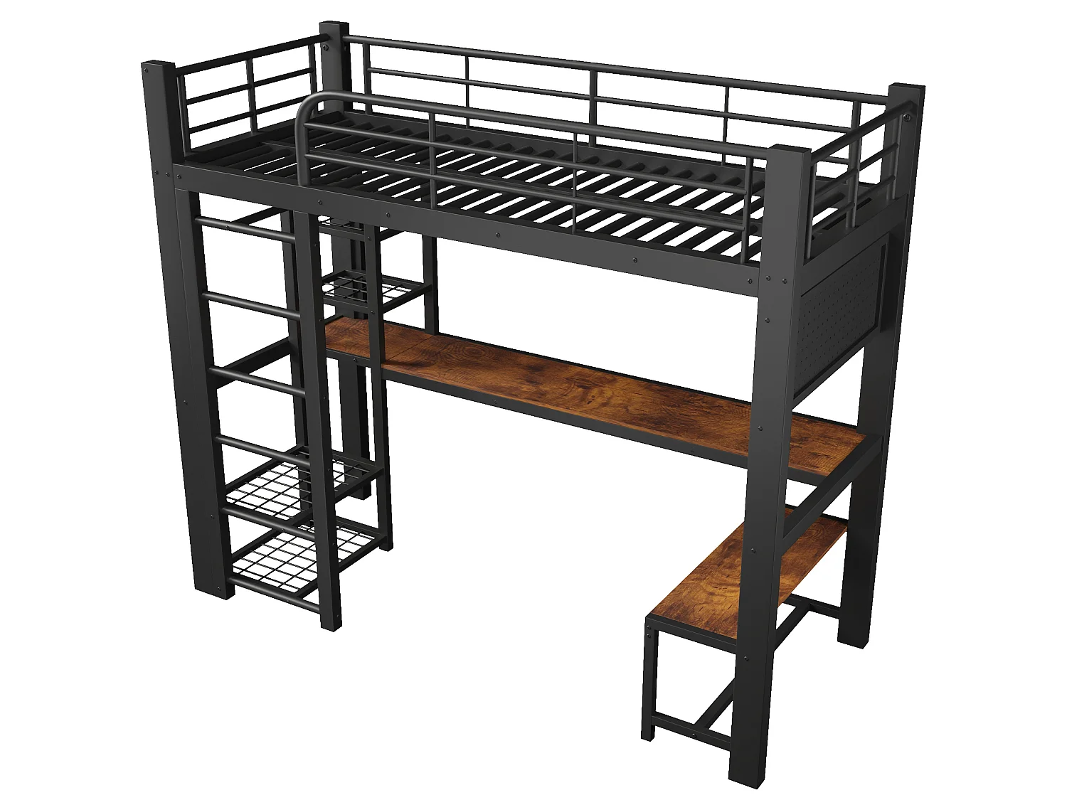 Lit mezzanine 90x200 cm en métal avec LED, étagères et bureau - Noir