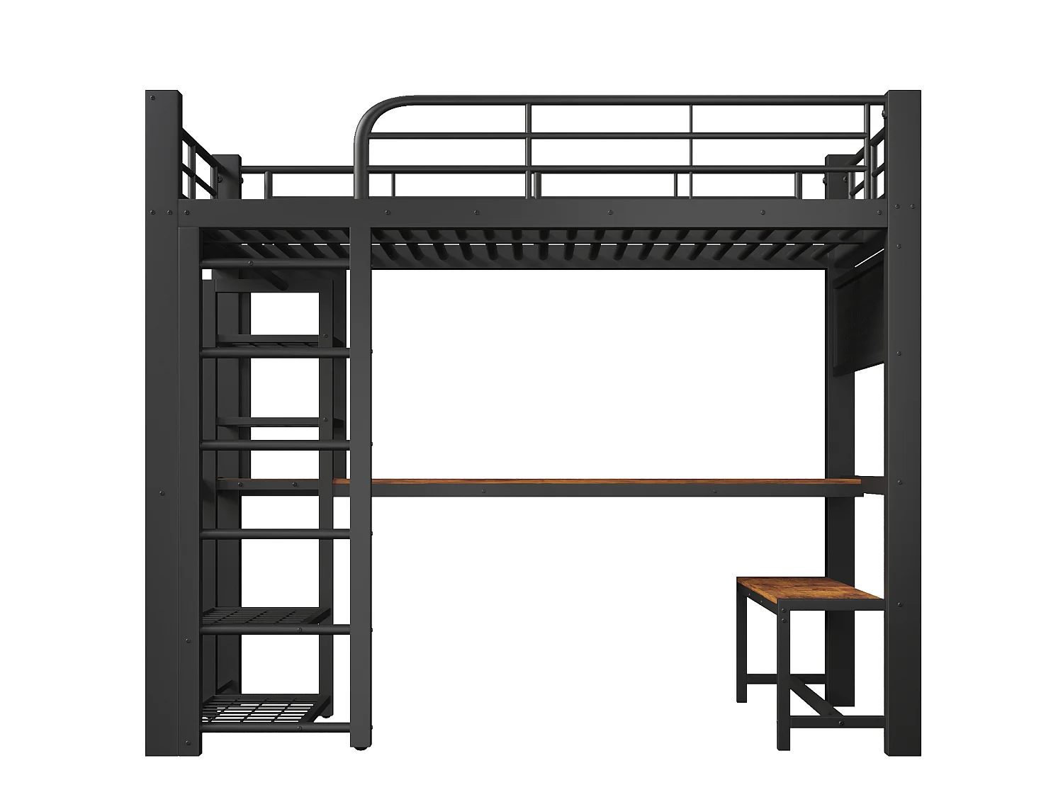 Lit mezzanine 90x200 cm en métal avec LED, étagères et bureau - Noir