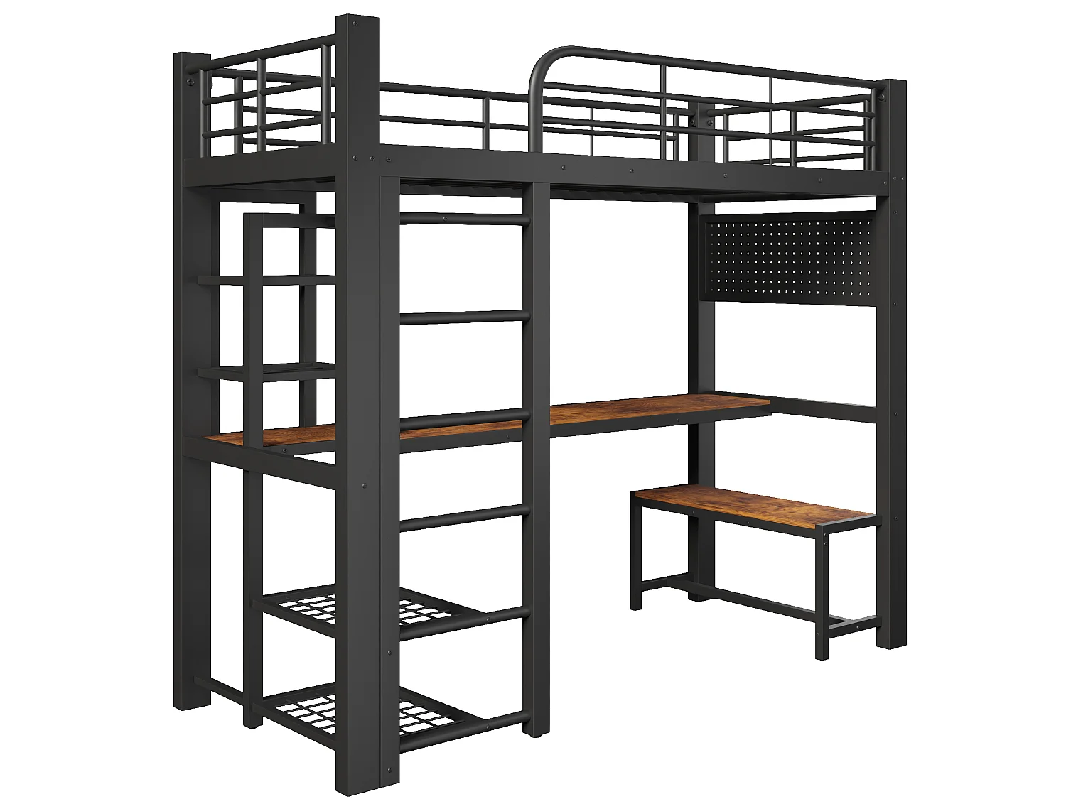 Lit mezzanine 90x200 cm en métal avec LED, étagères et bureau - Noir
