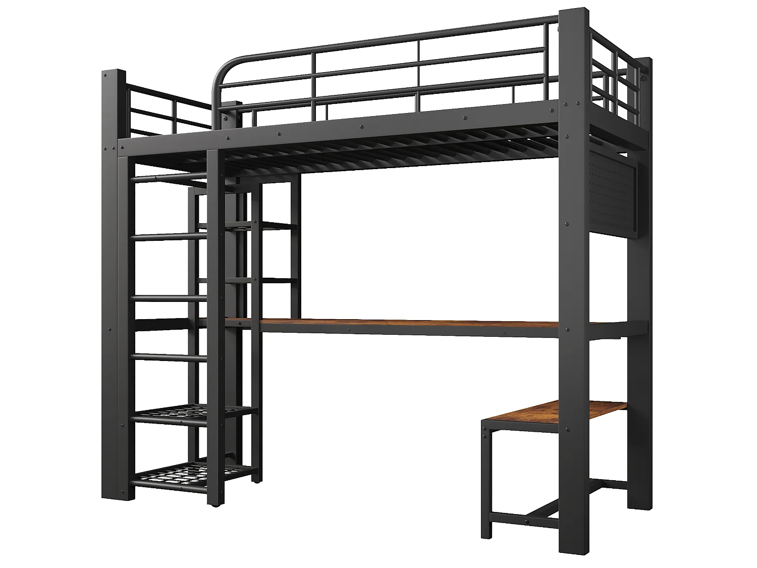 Lit mezzanine 90x200 cm en métal avec LED, étagères et bureau - Noir