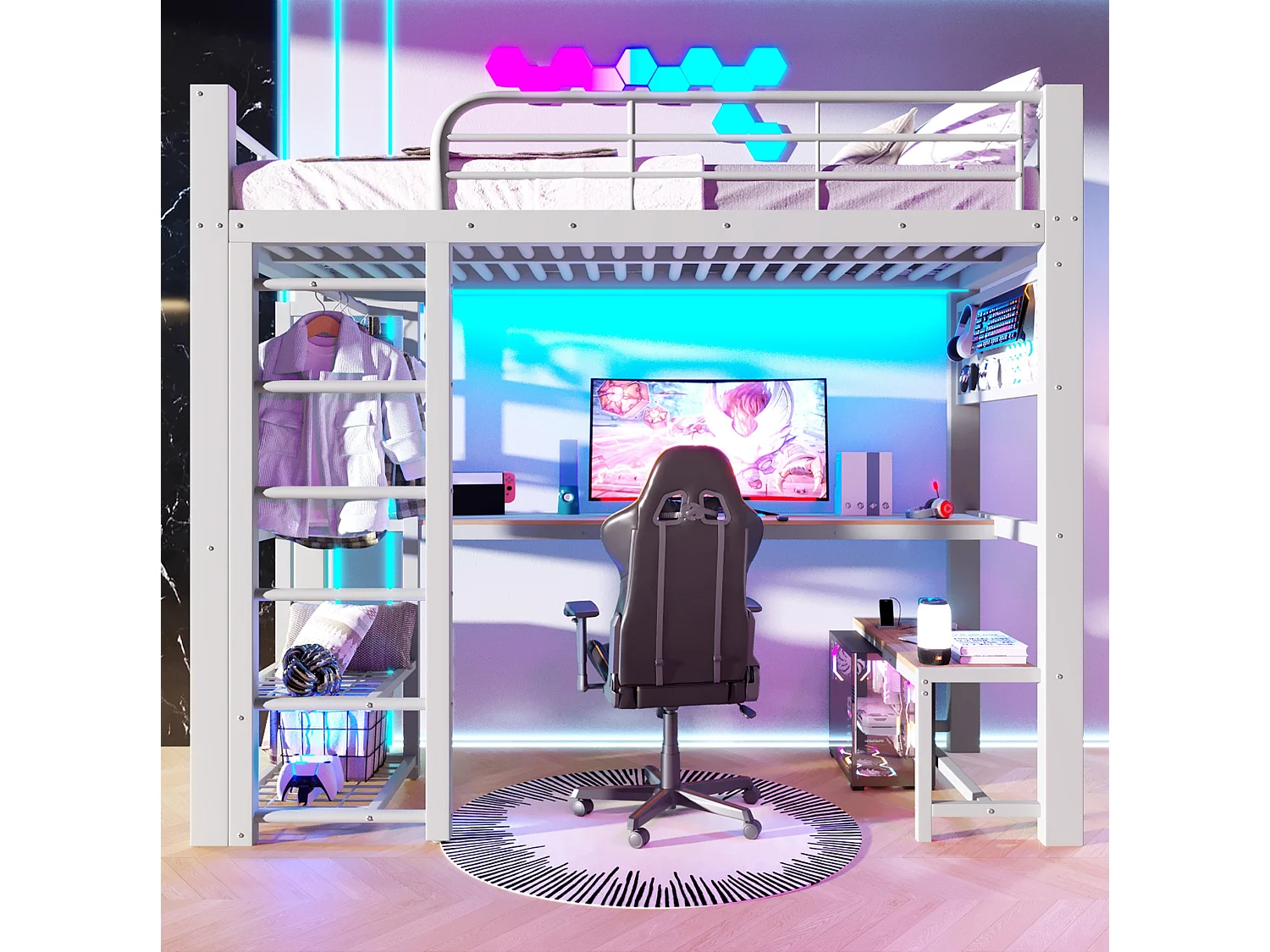 Lit mezzanine 90x200 cm en métal avec LED, étagères et bureau - Blanc