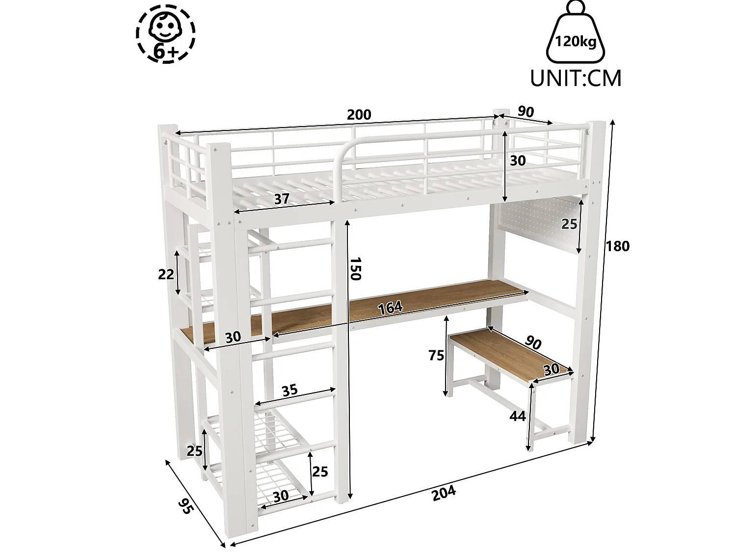 Lit mezzanine 90x200 cm en métal avec LED, étagères et bureau - Blanc