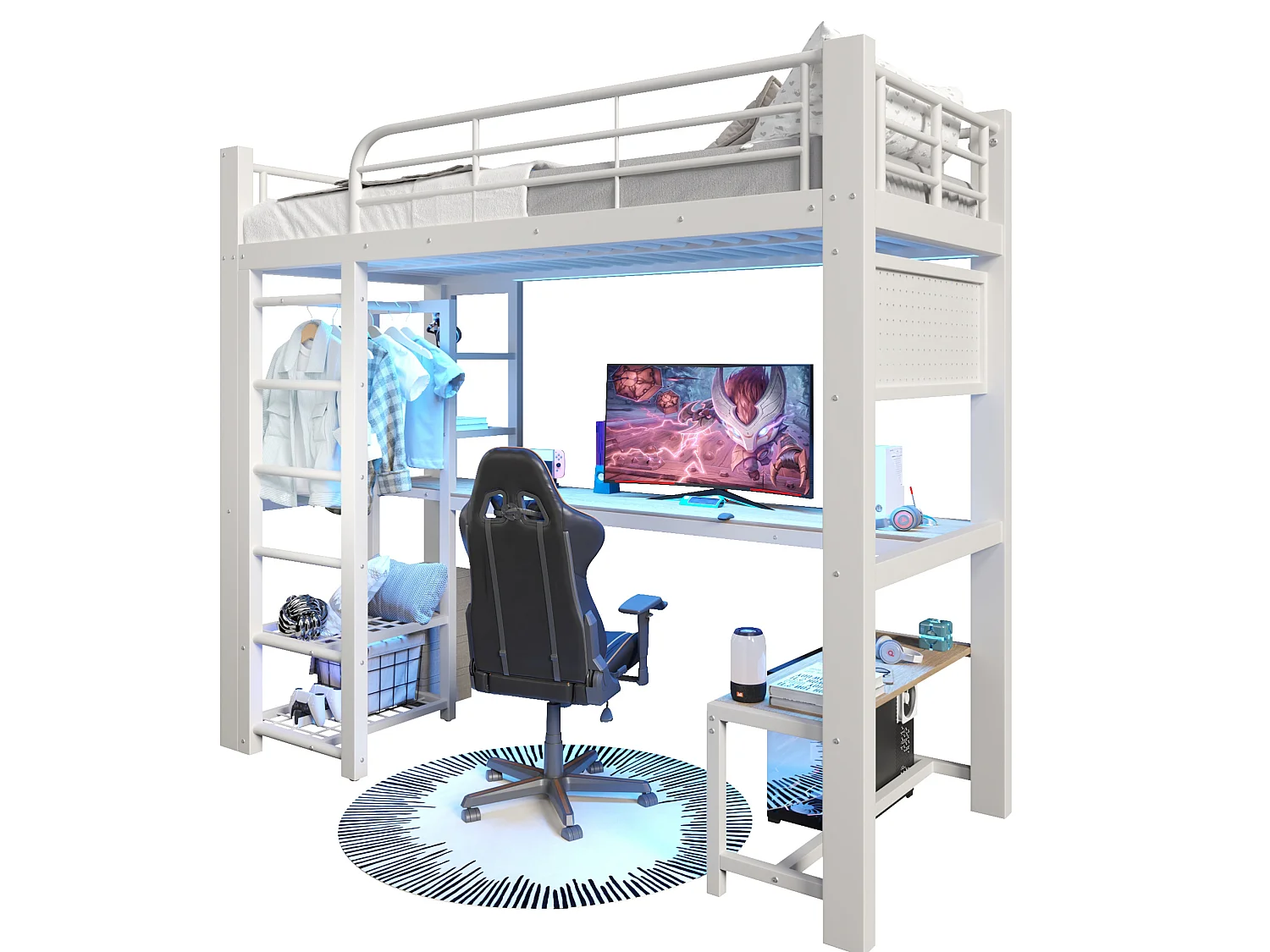 Lit mezzanine 90x200 cm en métal avec LED, étagères et bureau - Blanc