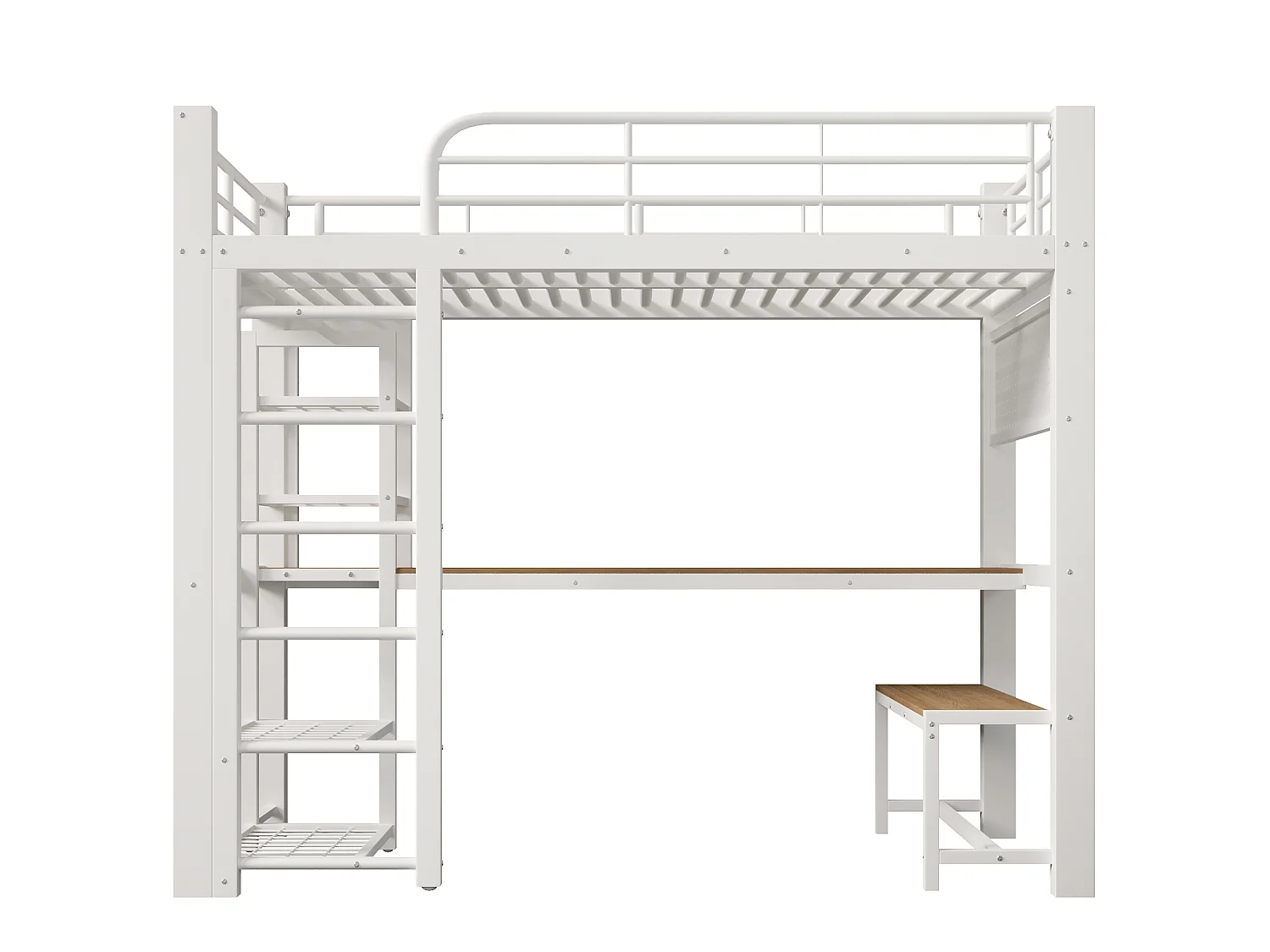Lit mezzanine 90x200 cm en métal avec LED, étagères et bureau - Blanc