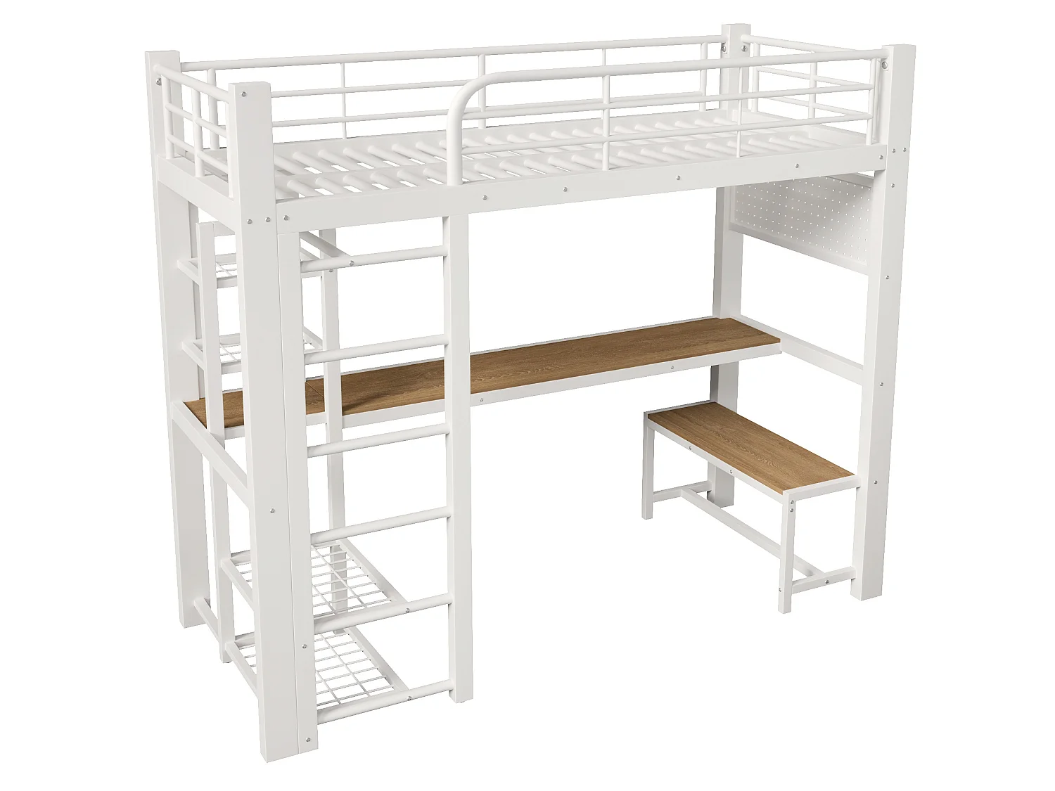 Lit mezzanine 90x200 cm en métal avec LED, étagères et bureau - Blanc