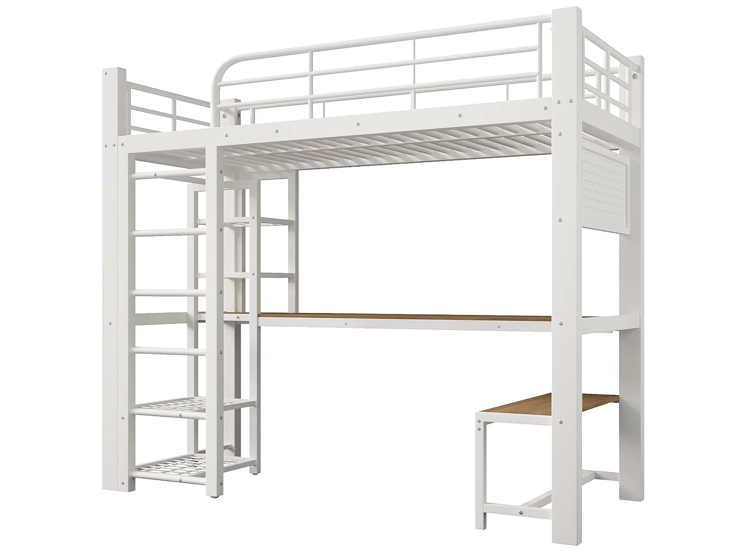 Lit mezzanine 90x200 cm en métal avec LED, étagères et bureau - Blanc