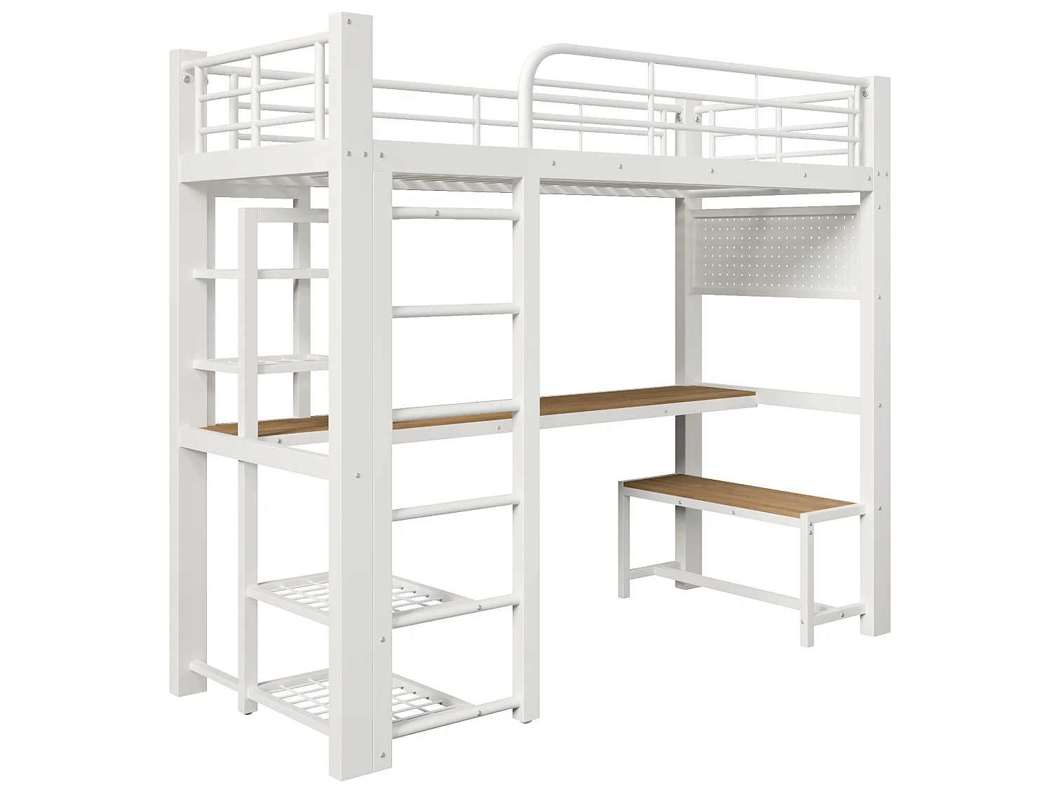 Lit mezzanine 90x200 cm en métal avec LED, étagères et bureau - Blanc
