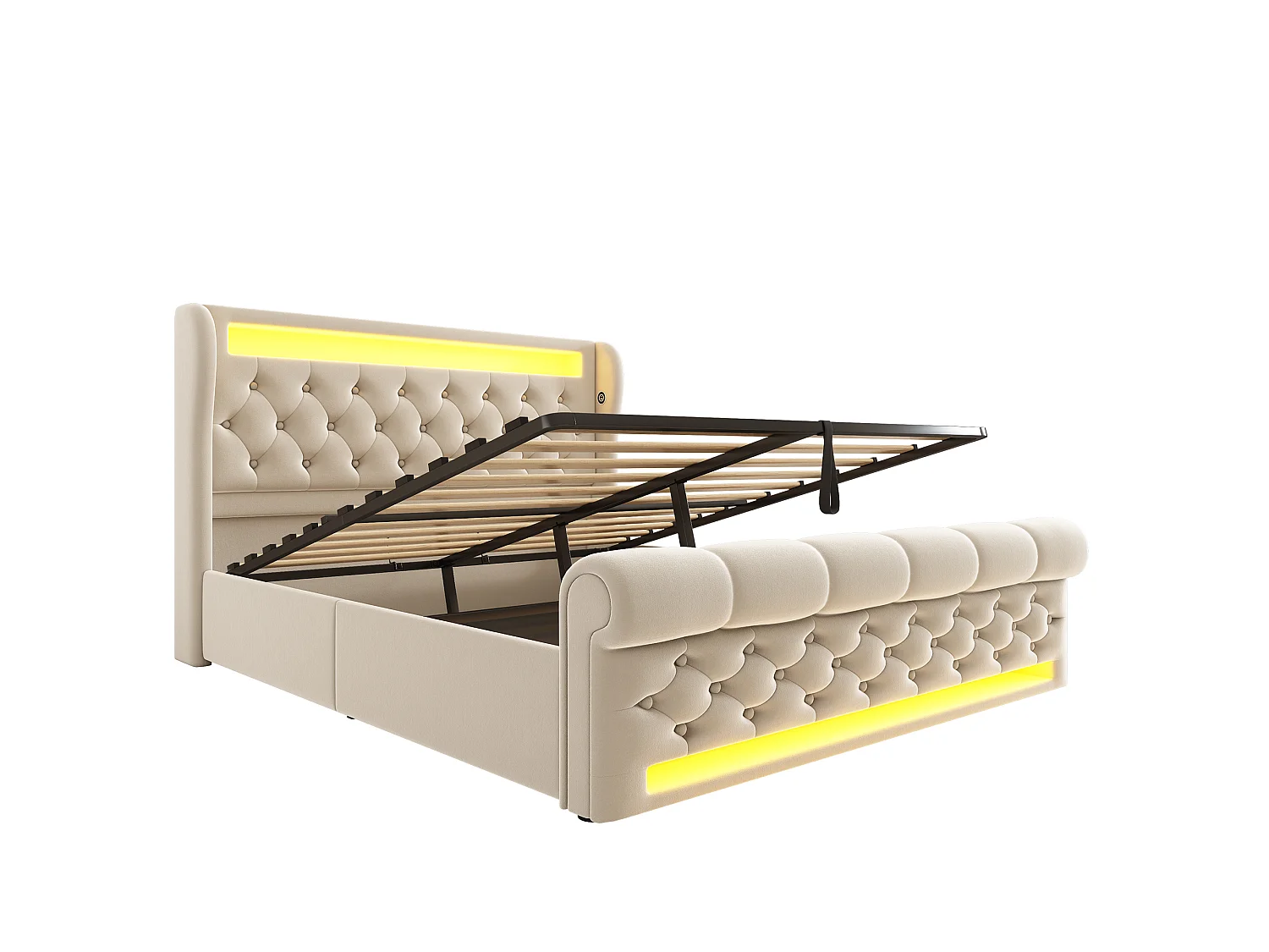 Lit double capitonné 140x200 cm, velours beige, avec LED, ports USB et Type-C, rangement hydraulique, sans matelas