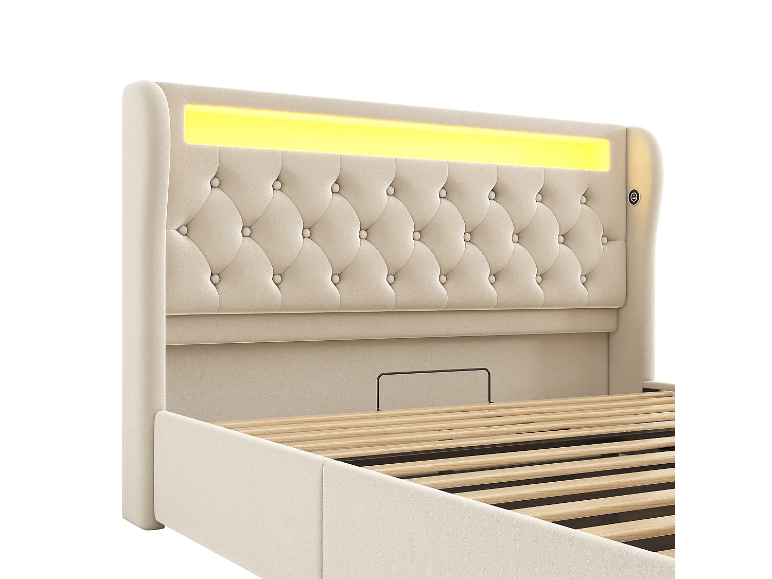 Lit double capitonné 140x200 cm, velours beige, avec LED, ports USB et Type-C, rangement hydraulique, sans matelas
