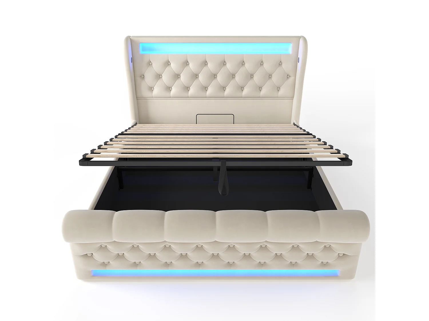 Lit double capitonné 140x200 cm, velours beige, avec LED, ports USB et Type-C, rangement hydraulique, sans matelas