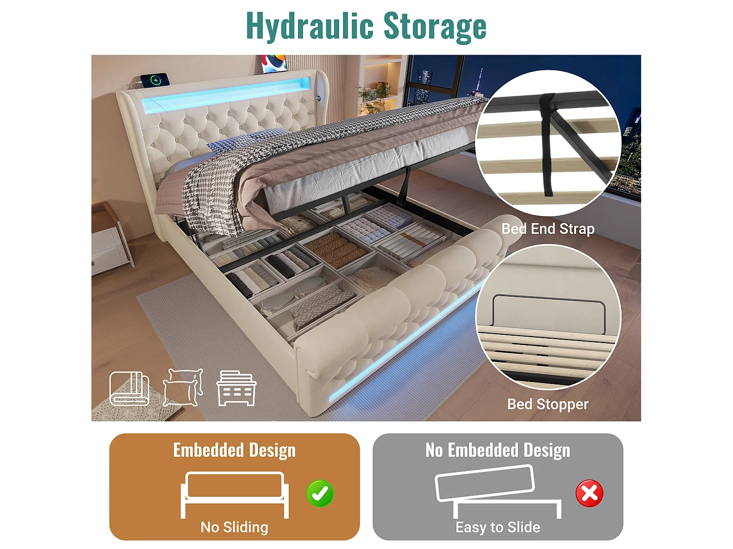 Lit double capitonné 140x200 cm, velours beige, avec LED, ports USB et Type-C, rangement hydraulique, sans matelas