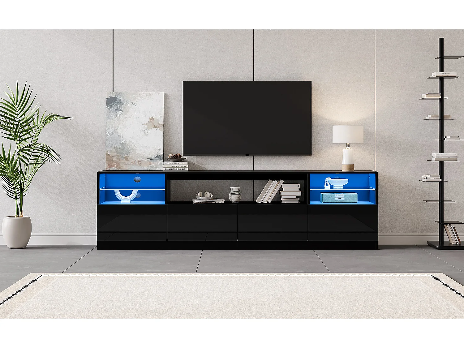 Meuble TV finition brillant 180 x 35 x 60 cm avec 4 portes - Noir