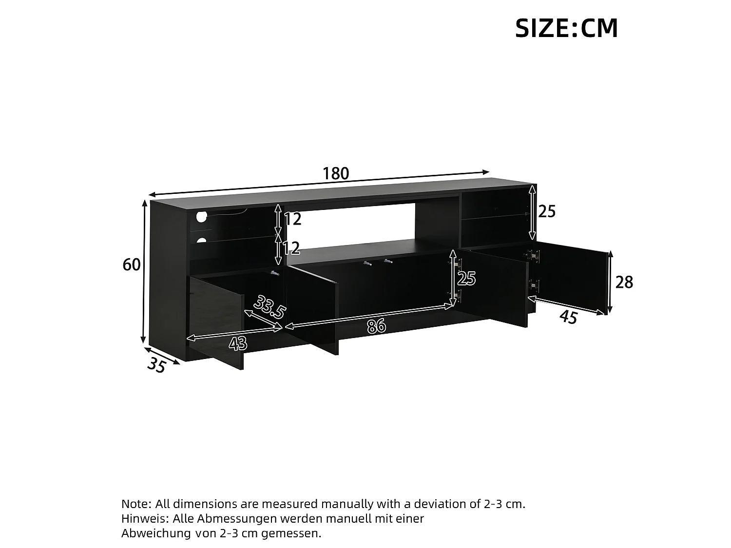 Meuble TV finition brillant 180 x 35 x 60 cm avec 4 portes - Noir