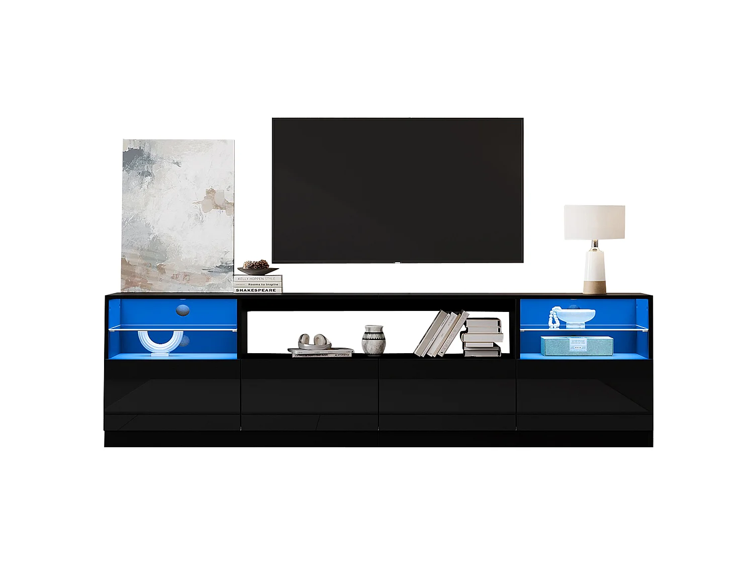 Meuble TV finition brillant 180 x 35 x 60 cm avec 4 portes - Noir