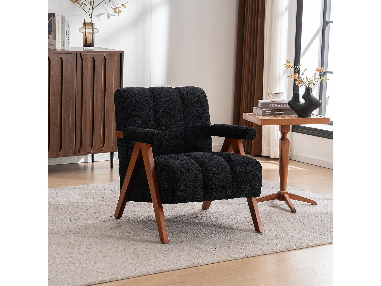 Fauteuil en tissu bouclé avec accoudoirs - Cadre en bois - Noir