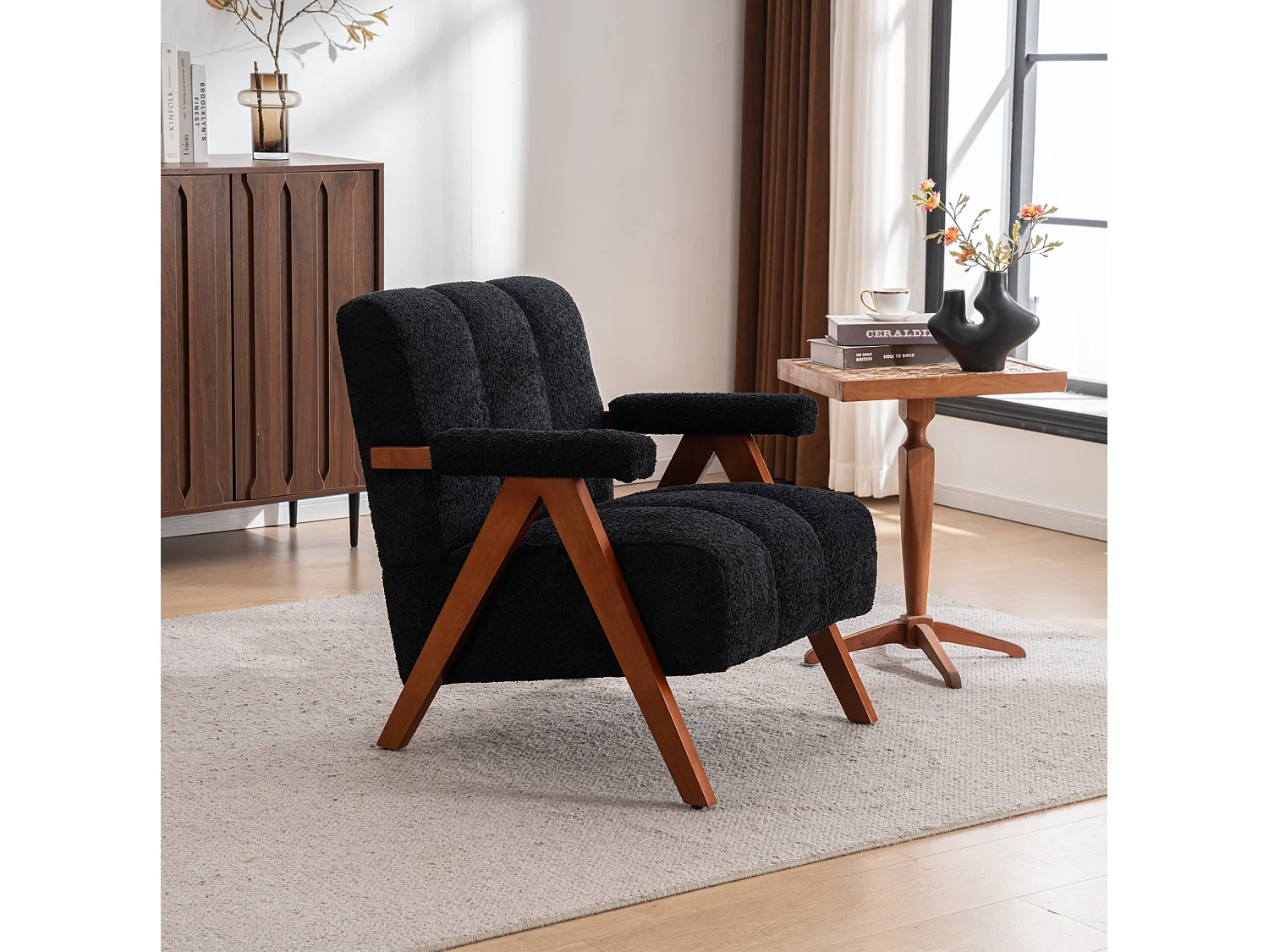 Fauteuil en tissu bouclé avec accoudoirs - Cadre en bois - Noir
