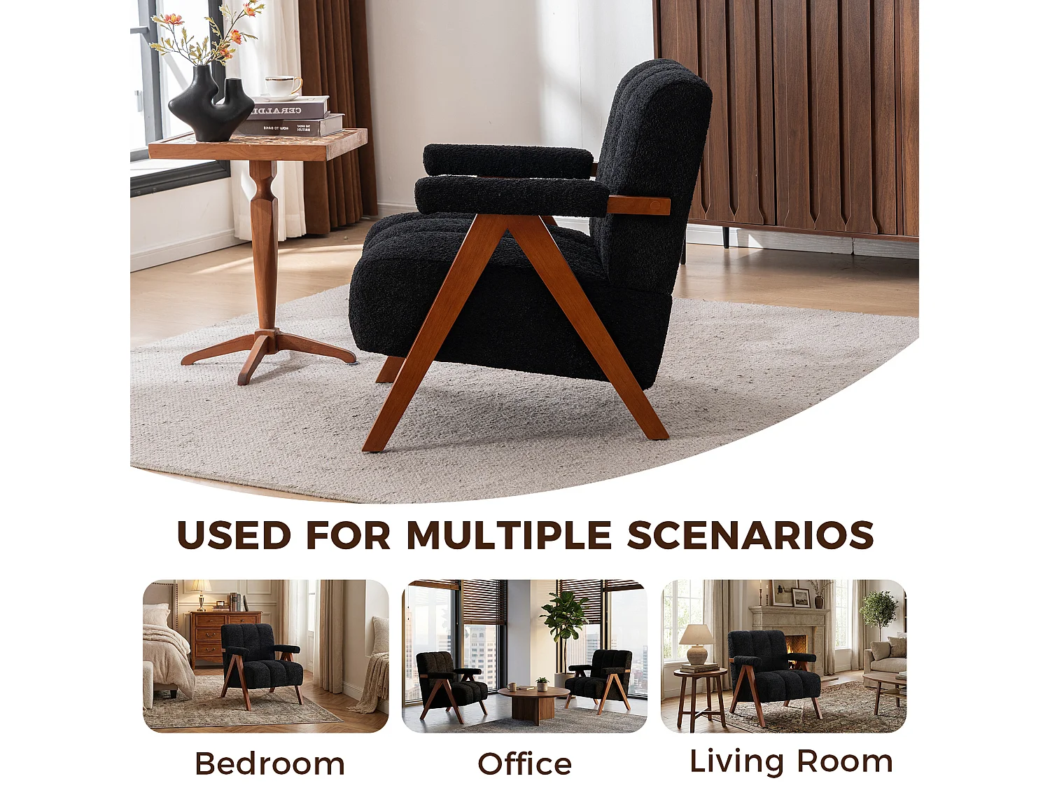 Fauteuil en tissu bouclé avec accoudoirs - Cadre en bois - Noir