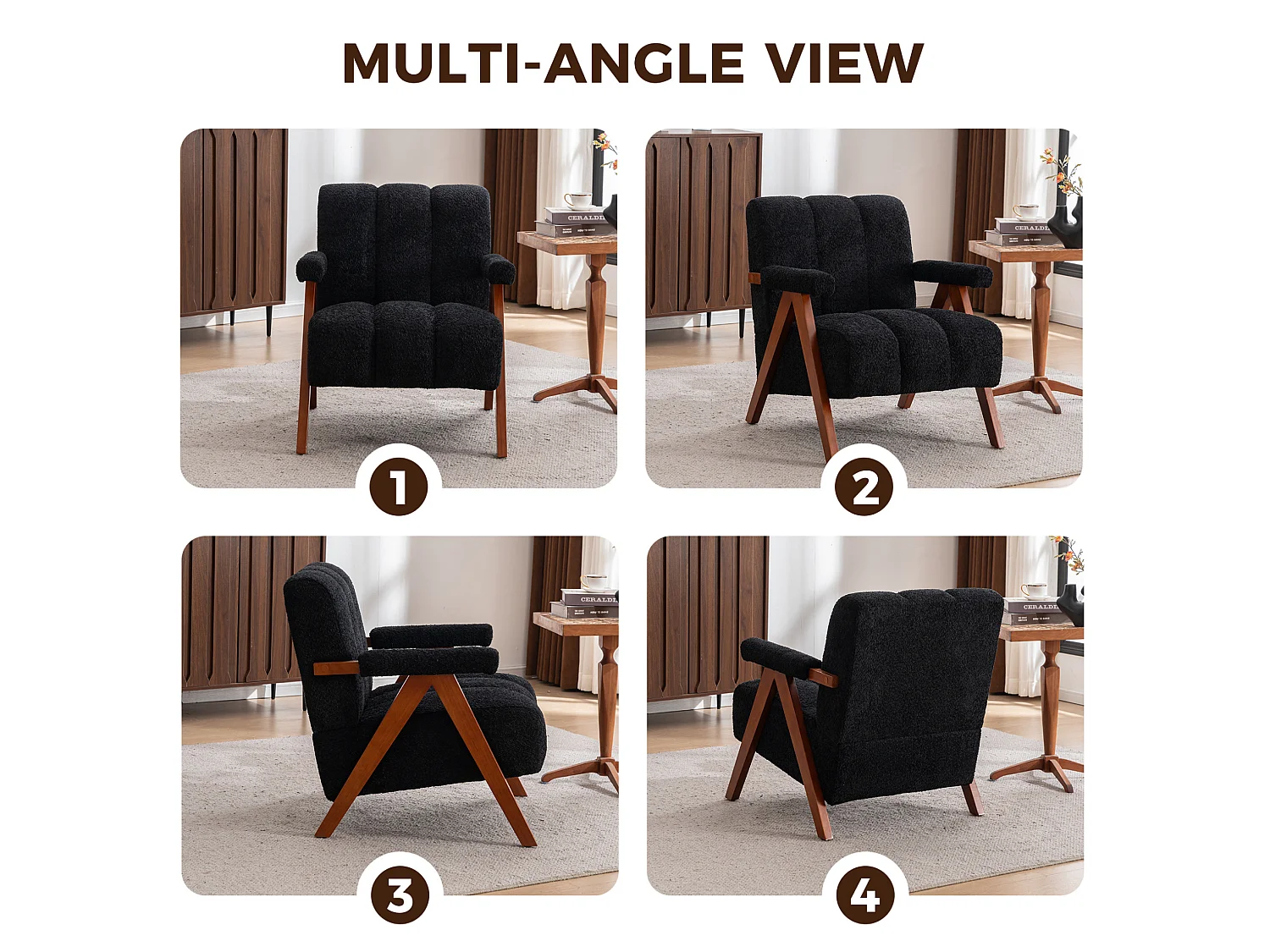Fauteuil en tissu bouclé avec accoudoirs - Cadre en bois - Noir